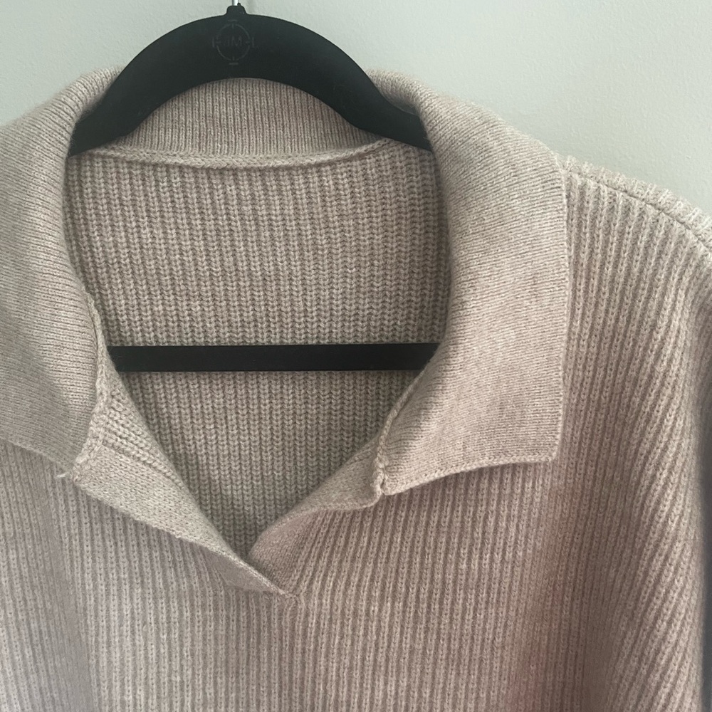 Beige Ribbed Collared Women's Sweater - Picture 3 of 4